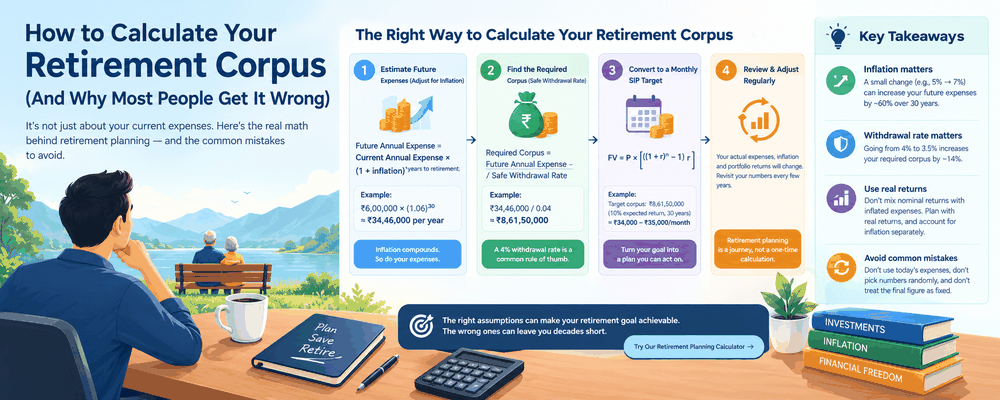 The three-step math of a retirement corpus: inflate current expenses, apply a safe withdrawal rate, then convert to a monthly savings target